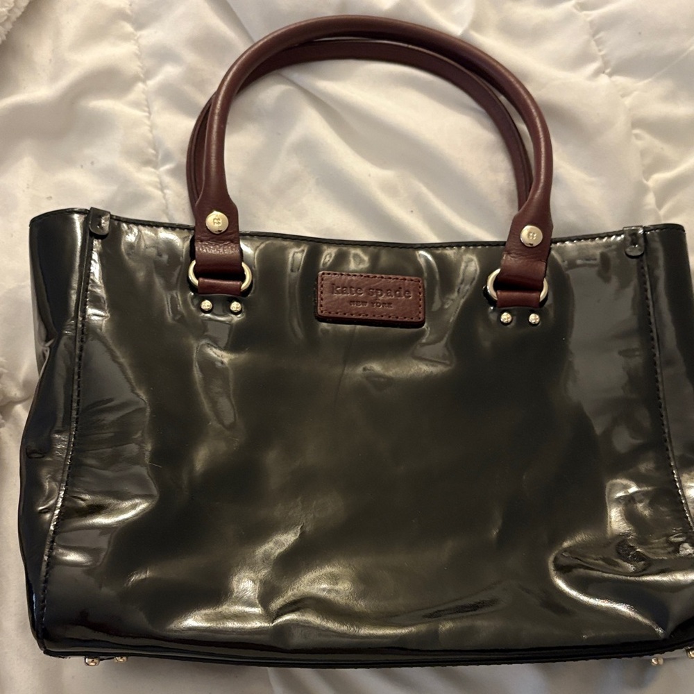 Kate Spade Glossy Black Tote with Brown Handles